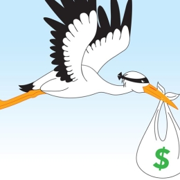 stork carrying a bag of money