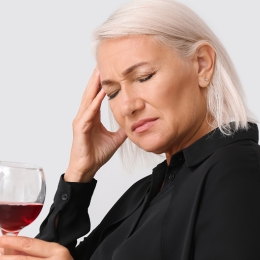 woman holding her head and a glass of red wine