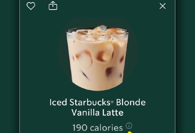 screenshot of calories labeled on the Starbucks app