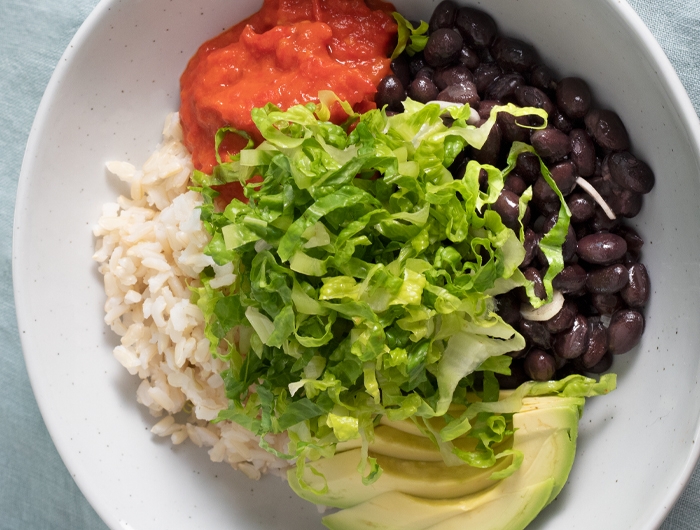 beans and rice with roasted tomato salsa