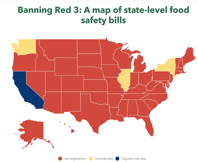 A Red 3 ban map of the US with California, Washington, Illinois, and New York highlighted